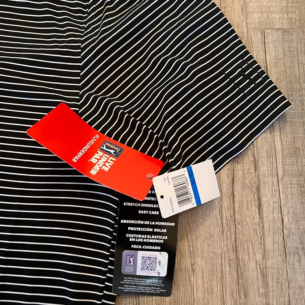 PGA Tour NWT Collared Striped Black White Golf Polo